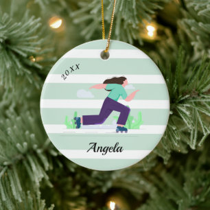 Brunette Girl Skating Rollerblading Name & Year  Ceramic Ornament