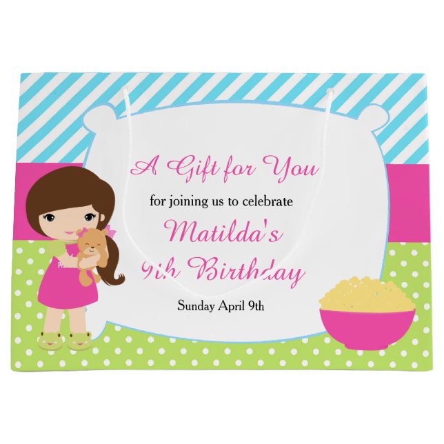 Brunette Girl Sleepover Slumber Party Birthday Large Gift Bag (Front)