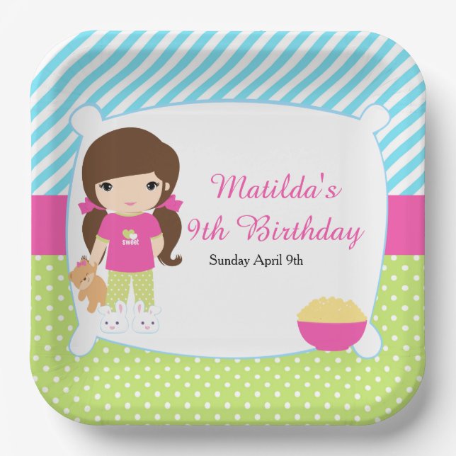 Brunette Girl Sleepover Slumber Party Paper Plate (Front)