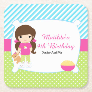 Brunette Girl Sleepover Slumber Party Square Paper Coaster