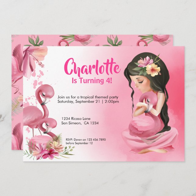 Brunette Girl Tropical Pink Flamingo Birthday Invitation (Front/Back)