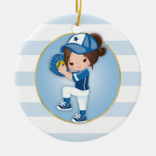 Brunette Girls Blue Softball Ceramic Ornament