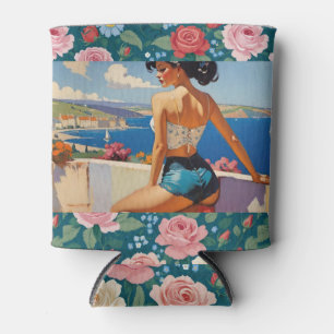 Brunette Girls Overlooking Floral Island Paradise Can Cooler
