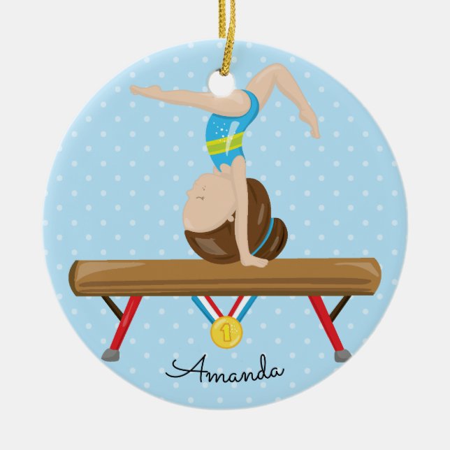 Brunette Gymnast Gymnastics Christmas Ornament (Front)