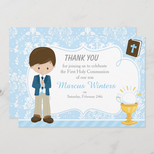 Brunette Hair Boy First Communion Damask Thank You Card (Front/Back)