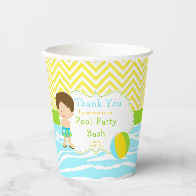 Brunette Hair Boy Pool Party Bash Party Paper Cups (Front)