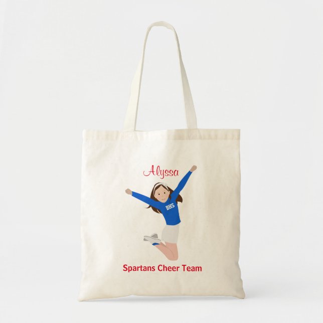 Brunette Hair Cheerleader in Blue and White Tote Bag (Front)