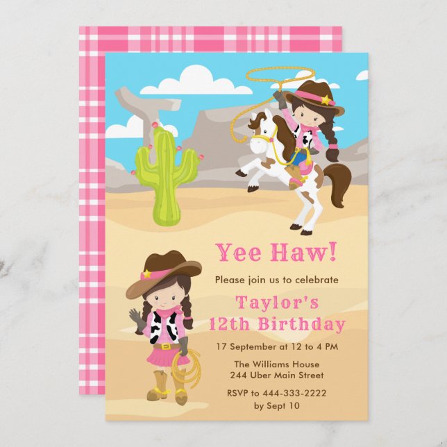 Brunette Hair Cowgirl Birthday Party Invitation (Front/Back)