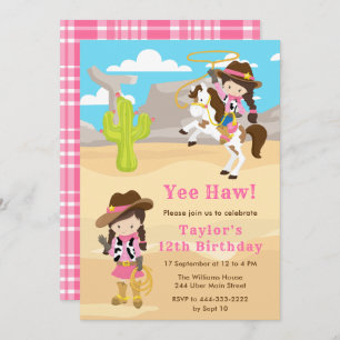 Brunette Hair Cowgirl Birthday Party Invitation