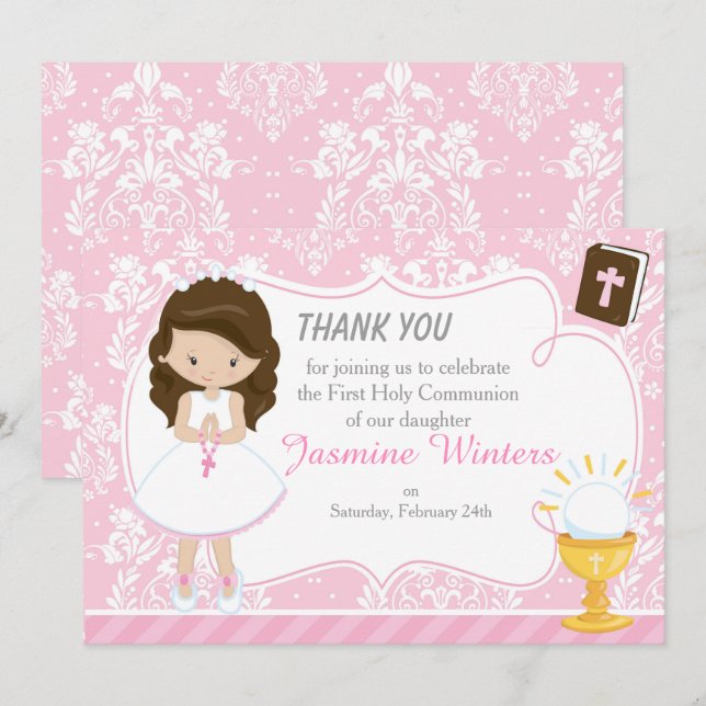 Brunette Hair Girl First Communion Thank You (Front/Back)