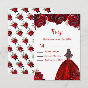 Brunette Hair Princess Red Floral Quinceanera RSVP Card