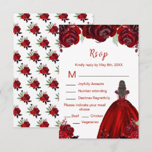 Brunette Hair Princess Red Floral Quinceanera RSVP Card