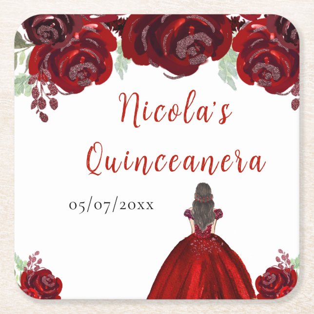 Brunette Hair Princess Red Floral Quinceanera Square Paper Coaster (Front)
