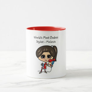 Brunette Hair Stylist Caricature MUG Personalised