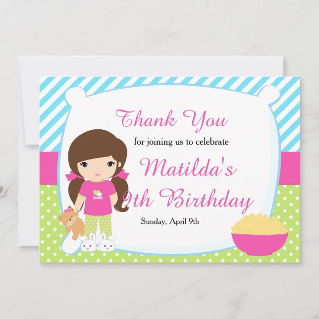 Brunette Haired Girl Sleepover Slumber Birthday Thank You Card (Front)