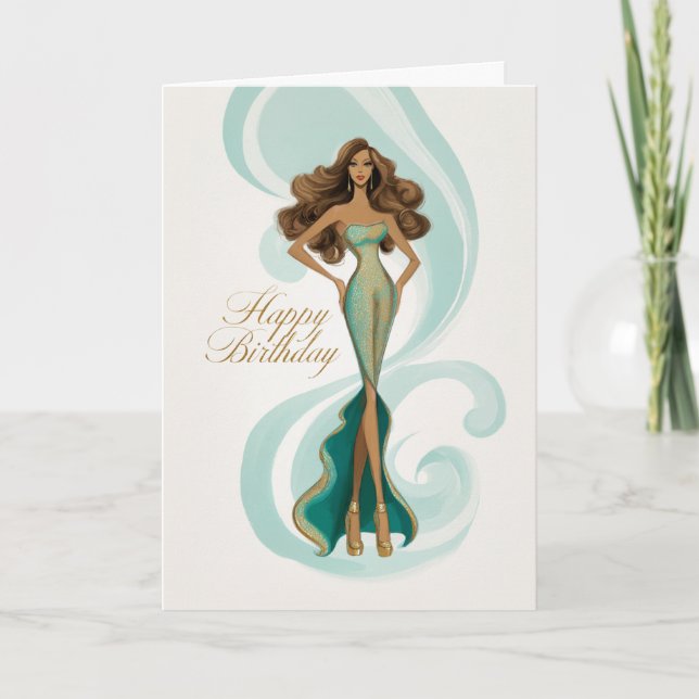 Brunette in Elegant Teal Gold Glam Fashion BDay Card (Front)