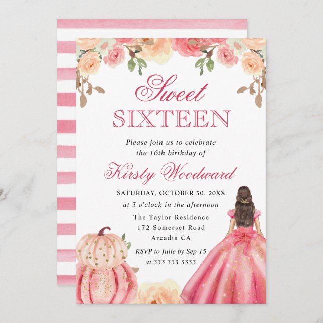 Brunette in Pink Dress Floral Pumpkins Sweet 16 Invitation (Front/Back)