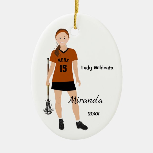 Brunette Lacrosse Player In Orange And Black Ceramic Ornament (Front)