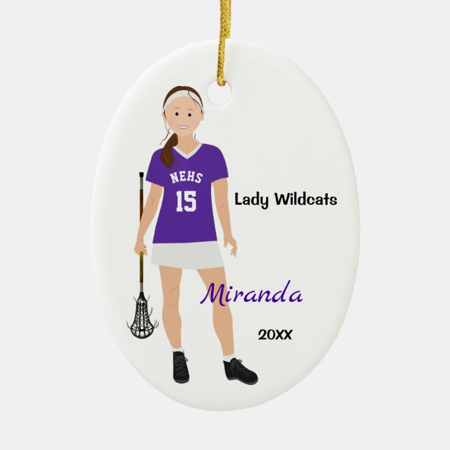 Brunette Lacrosse Player In Purple And White Ceramic Ornament (Front)