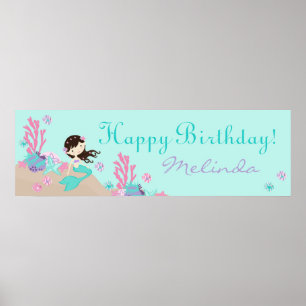 Brunette Mermaid Birthday Banner Poster