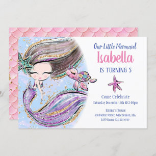 Brunette Mermaid Birthday Party Invitation