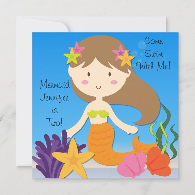 Brunette  Mermaid Custom Birthday Invitation (Front)