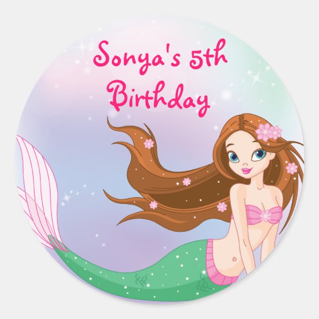 Brunette Mermaid Favour Bag Sticker (Front)