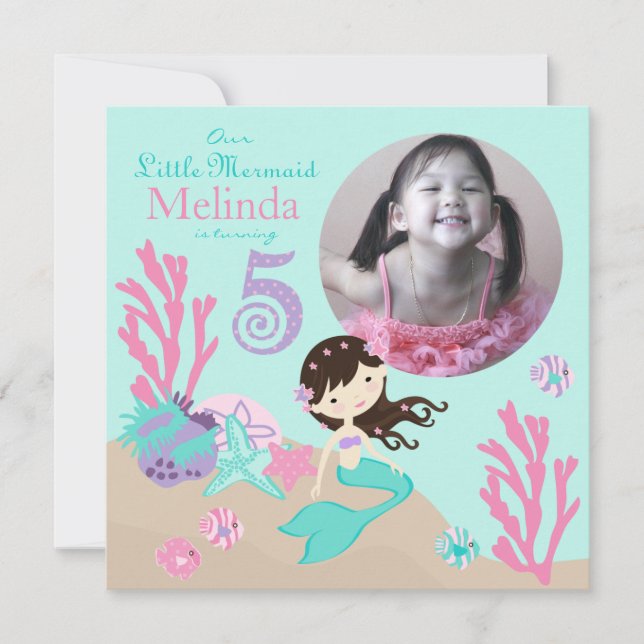 Brunette Mermaid Fifth Birthday Invitation (Front)