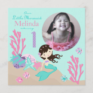Brunette Mermaid First Birthday Invitation