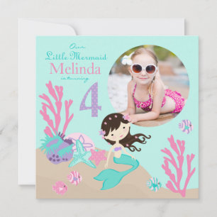 Brunette Mermaid Fourth Birthday Invitation