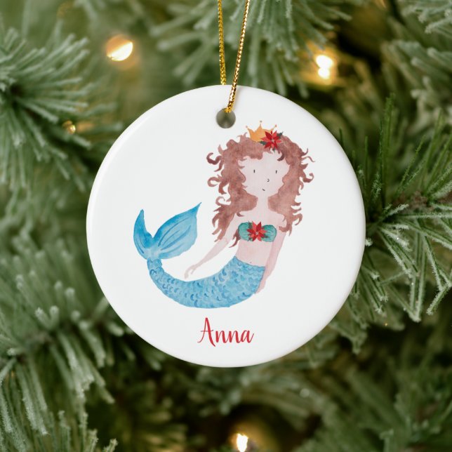 Brunette Mermaid Personalised Little Girl Daughter Ceramic Ornament (Tree)
