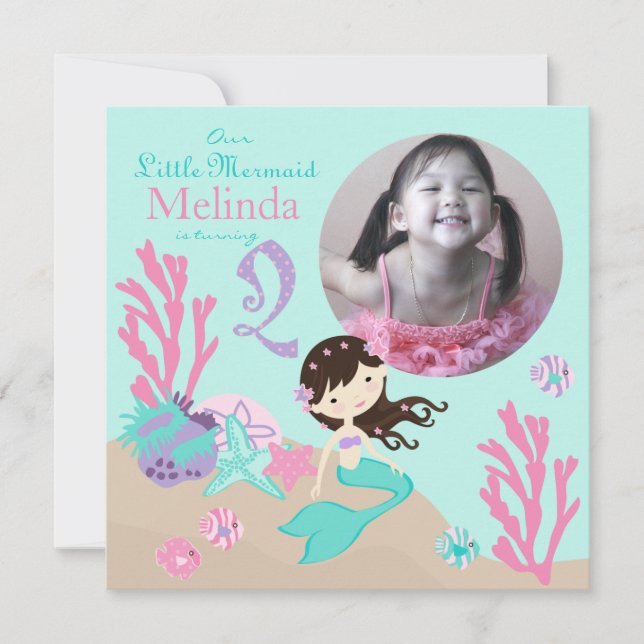 Brunette Mermaid Second Birthday Invitation (Front)
