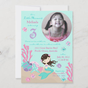 Brunette Mermaid Third Birthday Invitation