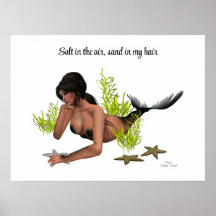 Brunette Mermaid With Starfish Poster