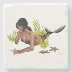 Brunette Mermaid With Starfish Stone Coaster