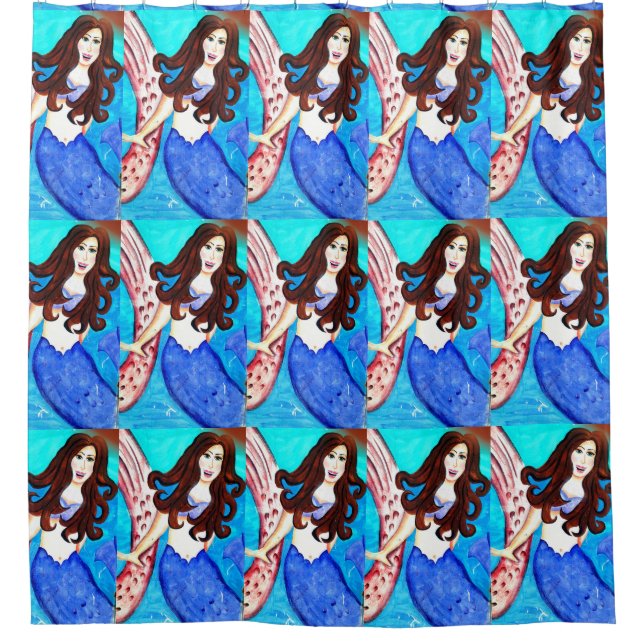 brunette mermaids with blue tails shower curtain (Front)