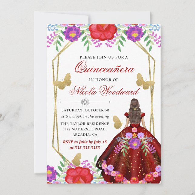 Brunette Mexican Floral Dress Quinceañera Invitation (Front)
