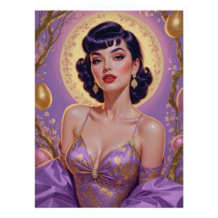 Brunette Pin-Up Easter Eggs Gold and Purple Poster