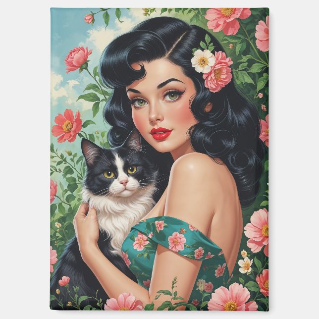 Brunette Pin-Up holding Cute Cat Magnet (Front)