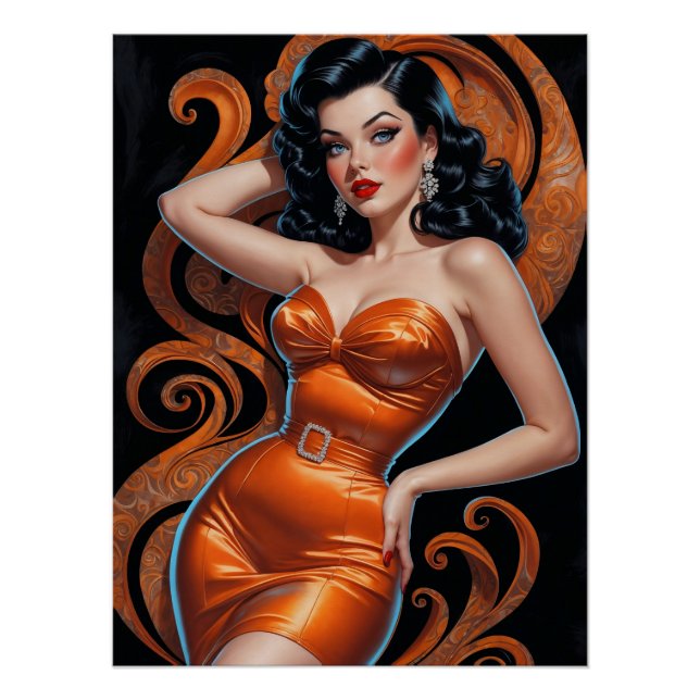 Brunette Pin-Up Orange Dress Poster (Front)