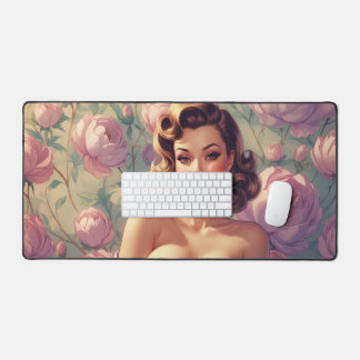 Brunette Pin-Up Pastel Flowers Desk Mat