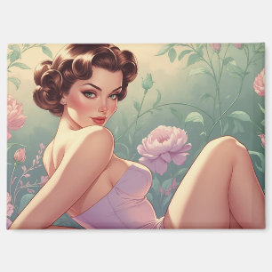 Brunette Pin-Up Pastel Flowers Magnet