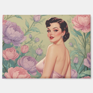 Brunette Pin-Up Pastel Flowers Magnet
