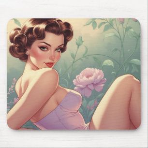 Brunette Pin-Up Pastel Flowers  Mouse Pad