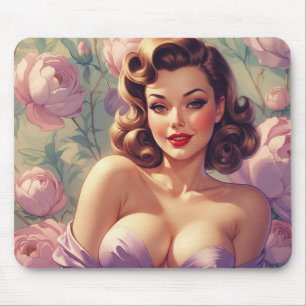 Brunette Pin-Up Pastel Flowers Mouse Pad