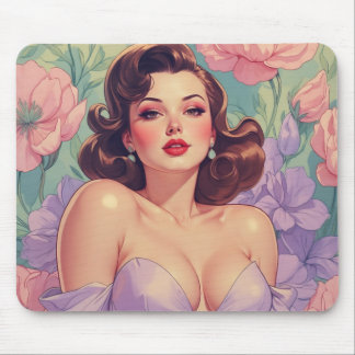 Brunette Pin-Up Pastel Flowers Mouse Pad