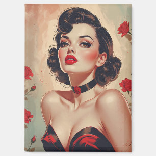 Brunette Pin-Up Red Roses Portrait Magnet