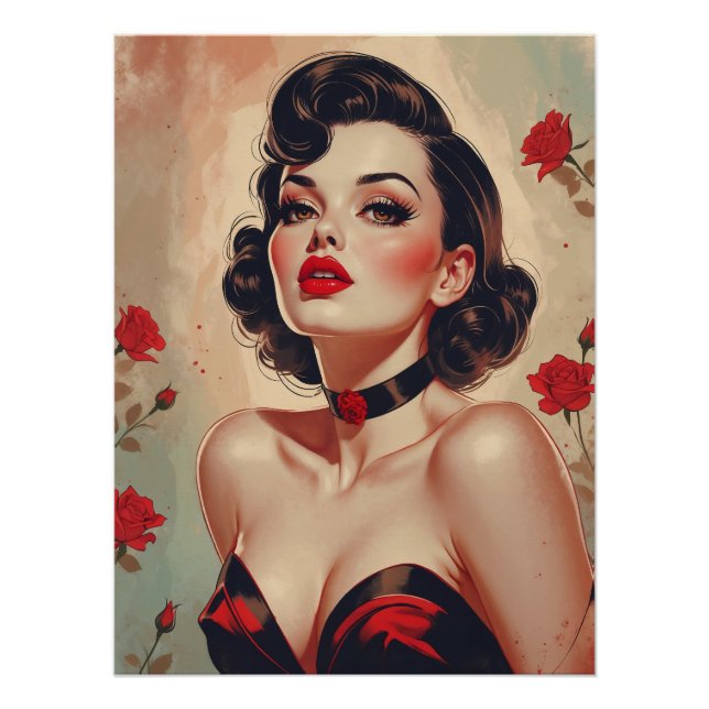 Brunette Pin-Up Red Roses Portrait  Poster (Front)