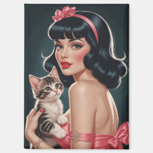 Brunette Pin-Up with Cute Kitten Portrait Magnet