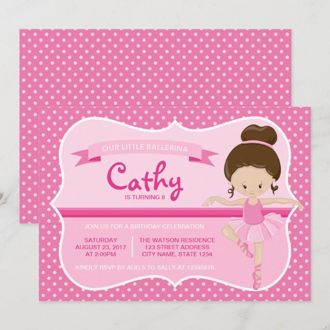 Brunette Pink Ballerina Birthday Invitation (Front/Back)